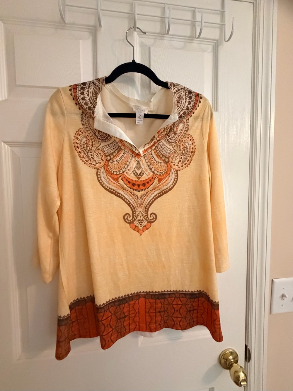 Chico's Cream and Orange Embellished V-Neck Tunic